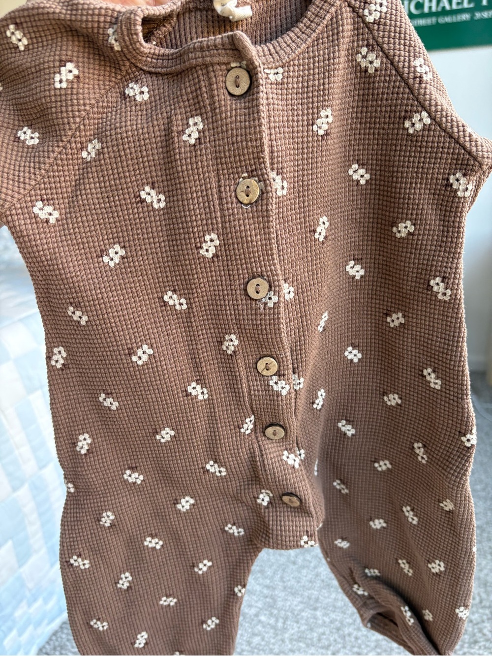 Quincy Mae Brown Waffle One-Piece with Cream Dot Flower Pattern